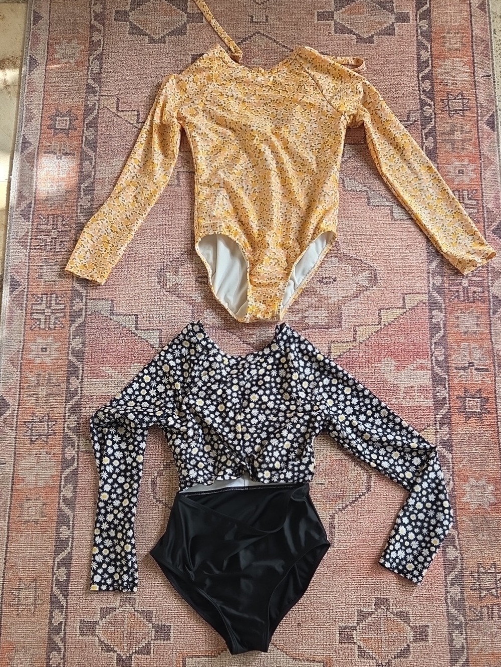 Yellow Floral Long-Sleeve Bodysuit + Black Daisy Crop Swimsuit Set